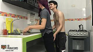 horny latina teen gets good fuck from stepbrother in kitchen, deepthroat blowjob, cumshot on pussy