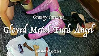 Granny carmen enjoys gloved metal fun with angel