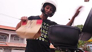 Feeling aroused, the Latina wife sucks the delivery guy's monster cock in lingerie POV