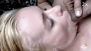 Closeup slowmotion stepdaughter eating cum