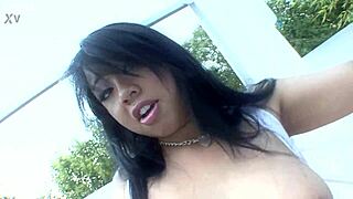 horny chubby asian brunette gets a facial cumshot while fucking