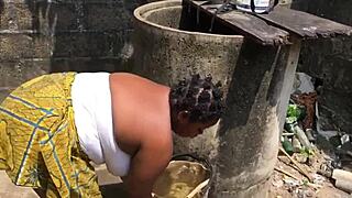 Dirty Bitch Gets Fucked in Doggy Style, Cowgirl, and Anal While Doing Laundry Outside the Compound, Her Ass Spread and Worshiped