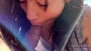 Teen with natural tits swallows cum outdoors, can you guess where?