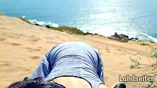 Teen with natural tits swallows cum outdoors, can you guess where?