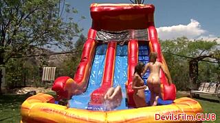 Lesbian beauties toy each other's shaved pussies.