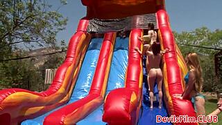 Lesbian beauties toy each other's shaved pussies.