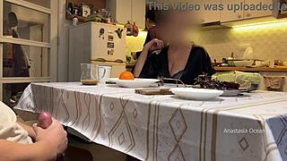 My husband jerking under a table front of my step mom and i right at the kitchen