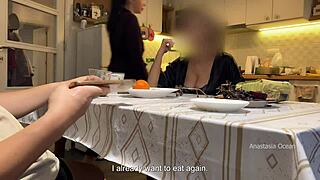 My husband jerking under a table front of my step mom and i right at the kitchen