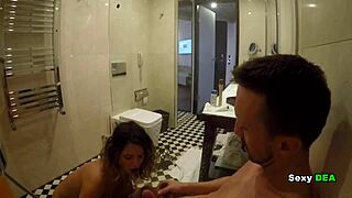 Oh, naughty goddess Sexydea cleans up after riding cock in the bathroom!