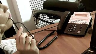 Milf blonde secretary seduces big boss through fishnets on desk