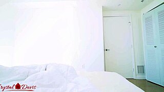 The step mom rides her step son on the bed