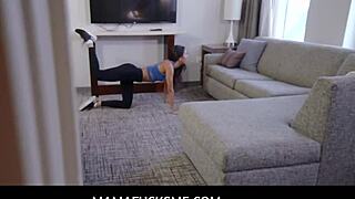 brunette yoga stepmom guides stepson in poses