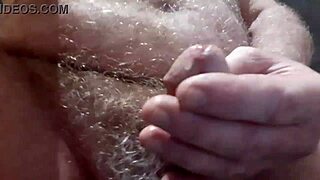 Rusty gets freaky, stroking his hairy old small 18+ cock with a cucumber inside.