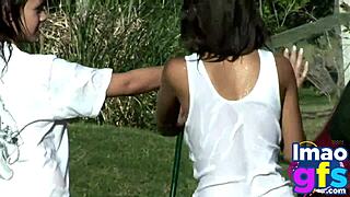 look at our naked tits and ass in the car, the brunettes tease.