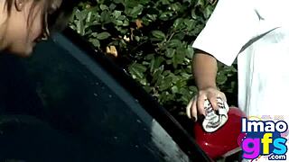 look at our naked tits and ass in the car, the brunettes tease.