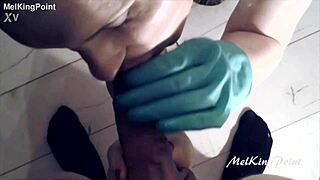 Blonde milf gives blowjob with plastic gloves on