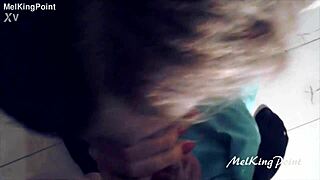 Blonde milf gives blowjob with plastic gloves on