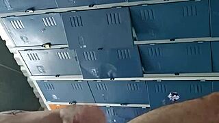 guy jerks off his big cock in the gym bathroom