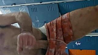 guy jerks off his big cock in the gym bathroom