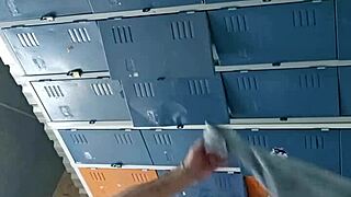 guy jerks off his big cock in the gym bathroom