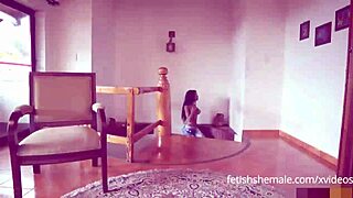 Black shemale with big tits jerks off her cock