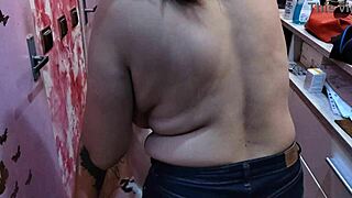 Wow, this barber babe has perfect natural tits!