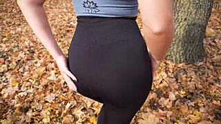 this fit milf in tight black leggings teasing sexy ass in public with spandex and thong so hot