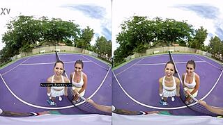 vr threesome with riley reid and melissa moore, naughty group sex