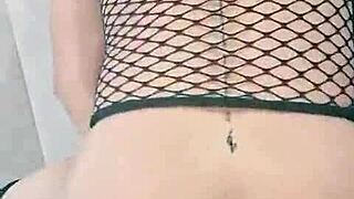 riding dildo to strong orgasm, flashing natural tits