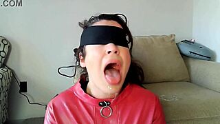 Wife bound with head locked into homemade fucking machine for deepthroat face fucking and huge cumshot.