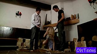 Three studs escaped to a quiet village for some fun with a cute Czech teen girlfriend outdoors.