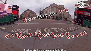 Brunette slut cums on tits in German date!