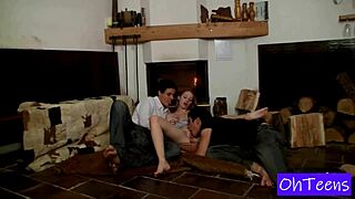 Three studs escaped to a quiet village for some fun with a cute Czech teen girlfriend outdoors.