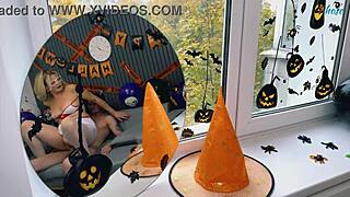 mature blonde in nurse costume attends halloween party secretly. she ends up riding cock in doggystyle at hospital-themed event