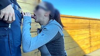 i got fast handjob n blowjob from redhead slut on roof while bf waits