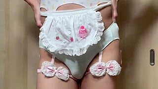 cute japanese girl in uniform sniffs panties at work