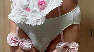 cute japanese girl in uniform sniffs panties at work