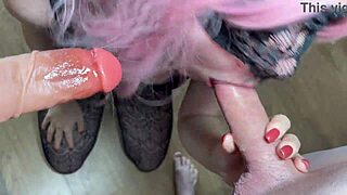 Double blowjob she sucks two dick?