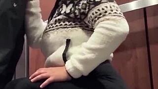 Horny couple fucks roughly in elevator after bar! Caught in public blowjob!