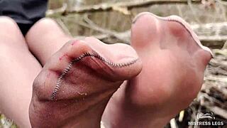 Goddess Teases Feet in Tan Pantyhose in Forest