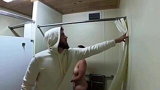 the curvy wife sneaks in some sex in the public shower, getting caught with a monster cock.