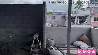 Horny couple fucks rough on construction site, choking and chaining.