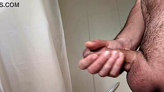Masturbation before a hot bath, close up on big cock in homemade bathroom solo