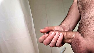 Masturbation before a hot bath, close up on big cock in homemade bathroom solo
