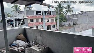 Horny couple fucks rough on construction site, choking and chaining.