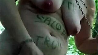 Slave slut humiliated in forest with flashing