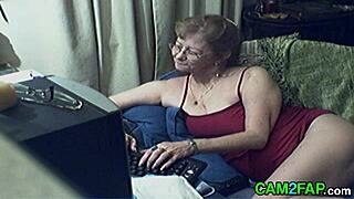 Lovely granny with glasses performs orgasm on free webcam.
