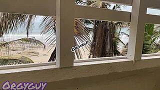 Ebony wife bends over flashing pussy outdoors