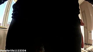 Stepson caught stepmom without panties in the kitchen so he fucked her and came on her round booty