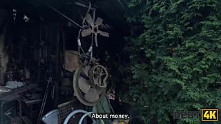 In the garden, young debtor moans while squirting for collector in outdoor scene